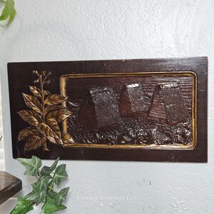 Vtg Wooden Carved Portrait Of An Island Village With Golden Palm Leaves Signed